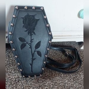 Black Coffin Crossbody Bag with Rose Embossing and Studded Details